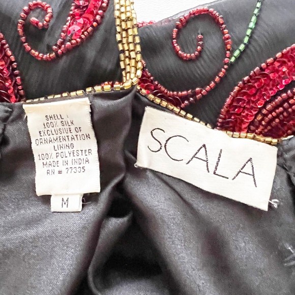 Scala Vtg Short Sleeve Chili Peppers Silk Sequined Beaded Blouse Evening Top, M - Picture 8 of 11